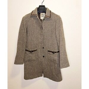 Michel Klein Men's Gray Herringbone Tweed Wool Overcoat Button Front Size 38